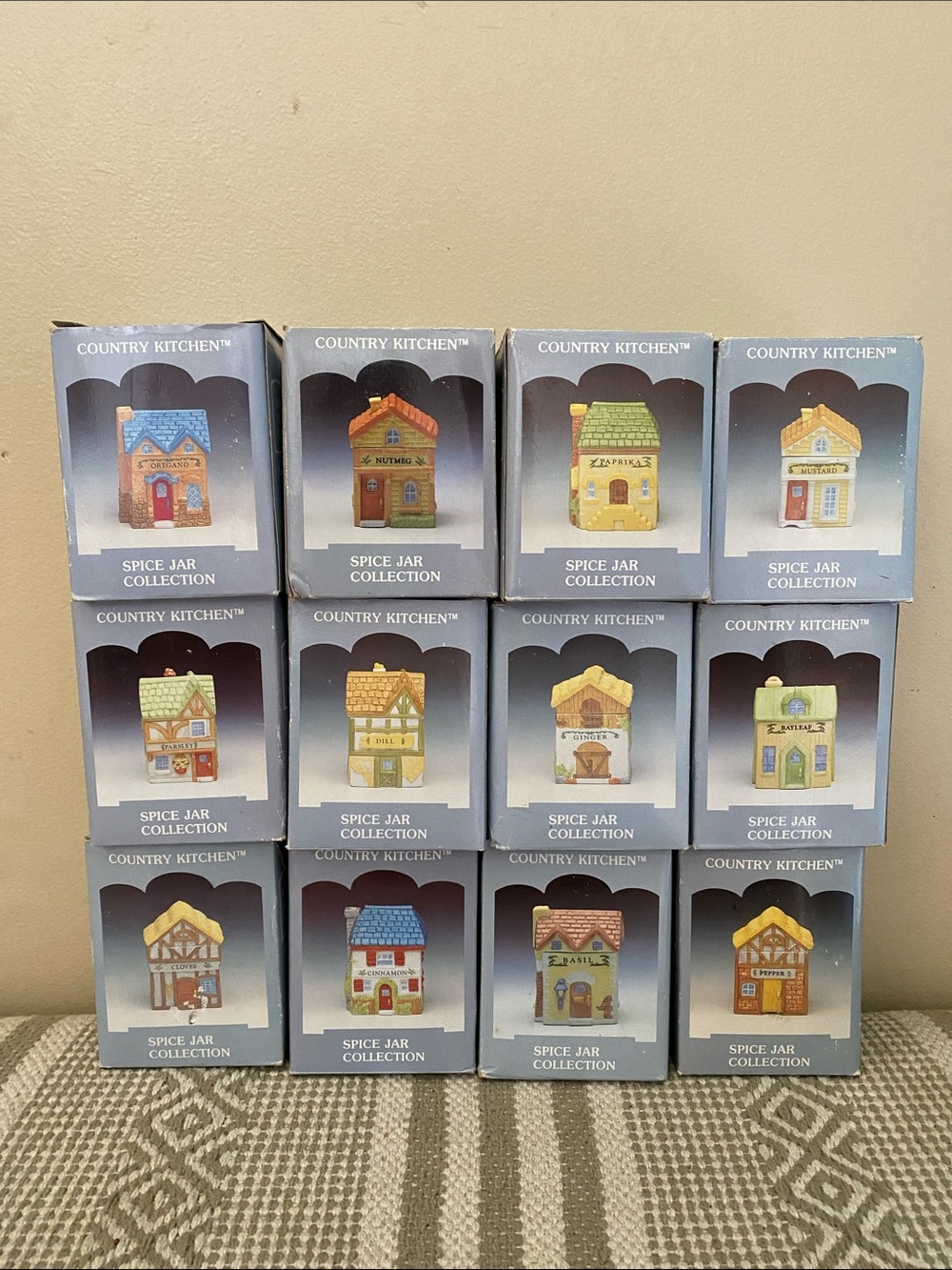 VTG Country Kitchen 12 Piece Spice Jar Collection Assorted Pastel Village Houses